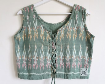 Sage Green Ikat Crop Top, Nomadic Summer Fashion, Sleeveless Boho Vest Top, Relaxed Sexy Bodice, Y2K Minimalist Holiday Blouse Small S/M