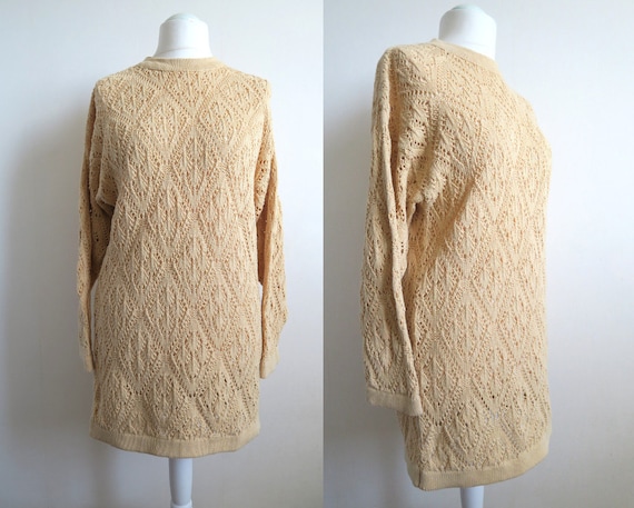 80's Pointelle Knit Sweater Dress, Sand Yellow Sl… - image 2