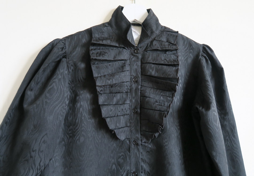 60's French Jabot Blouse Black Faux Silk Shirt Pleated Etsy