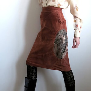 Rusty Brown Suede Leather & Tapestry Skirt, 80&#39;s - 90&#39;s Patchwork Pencil Skirt, Made in Denmark, High Waist, Midi Length, Small S/XS