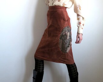 Rusty Brown Suede Leather & Tapestry Skirt, 80's - 90's Patchwork Pencil Skirt, Made in Denmark, High Waist, Midi Length, Small S/XS