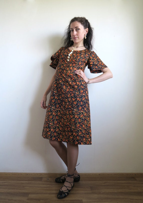 60's Short Floral Dress, Navy Blue & Orange Ditsy… - image 3