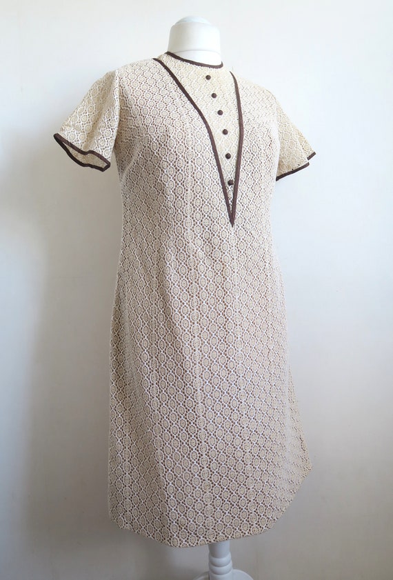 60's Cotton Crochet Lace Dress, Chevron Detail Hi… - image 5