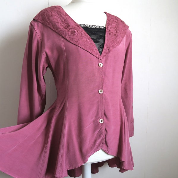 Blazer Boho rosa fucsia de los años 80, frac boho, blusa de rayón de cuello grande, top peplum abotonado, camisa de cola larga, chaqueta disco, mediana M/L