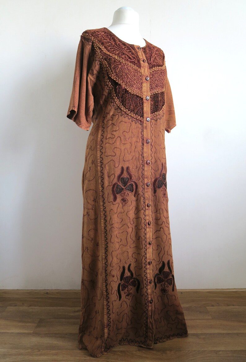 Brown Rayon Buttoned Dress MLXL Long Ethnic Gown Embroidered India Maxi Dress 90/'s Boho Dress Cord Embroidery Crushed Velvet Yoke