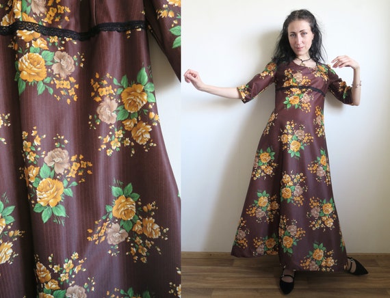 Vintage 1960 Medieval Bohemian Long Sleeve Cream and Brown Ladies Maxi Dress