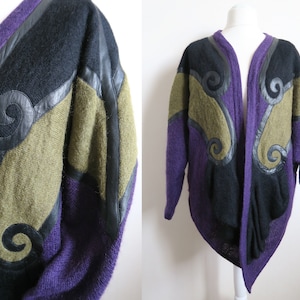 80's Italian Boho Cardigan, Purple, Green, Black Kid Mohair Blend, Vegan Leather Swirls, Asymmetric Hem, Batwing Sleeve Wicca Coat Medium M