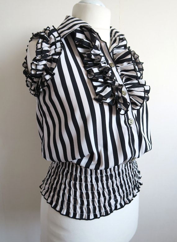 80's Striped Ruffled Top, Frilled Jabot Blouse, Sm