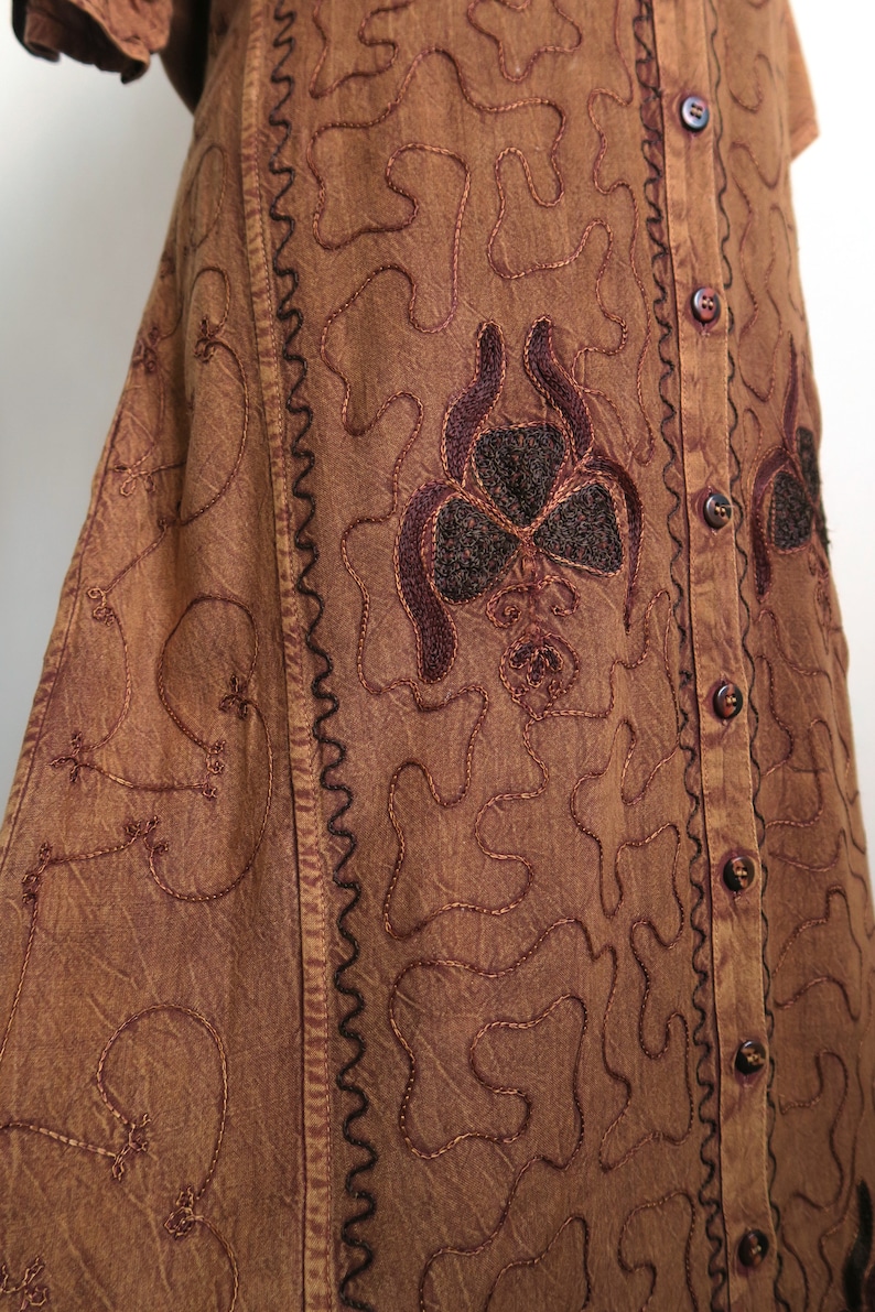 Brown Rayon Buttoned Dress MLXL Long Ethnic Gown Embroidered India Maxi Dress 90/'s Boho Dress Cord Embroidery Crushed Velvet Yoke