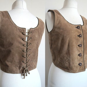 Suede Leather Dirndl Bodice, Edelweiss Etched Corset, Distler Trachten Laced Vest, Sleeveless Top, Austrian Folk Corsage Waistcoat, Medium M