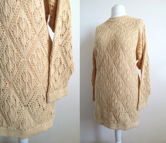 80's Pointelle Knit Sweater Dress, Sand Yellow Sl… - image 1
