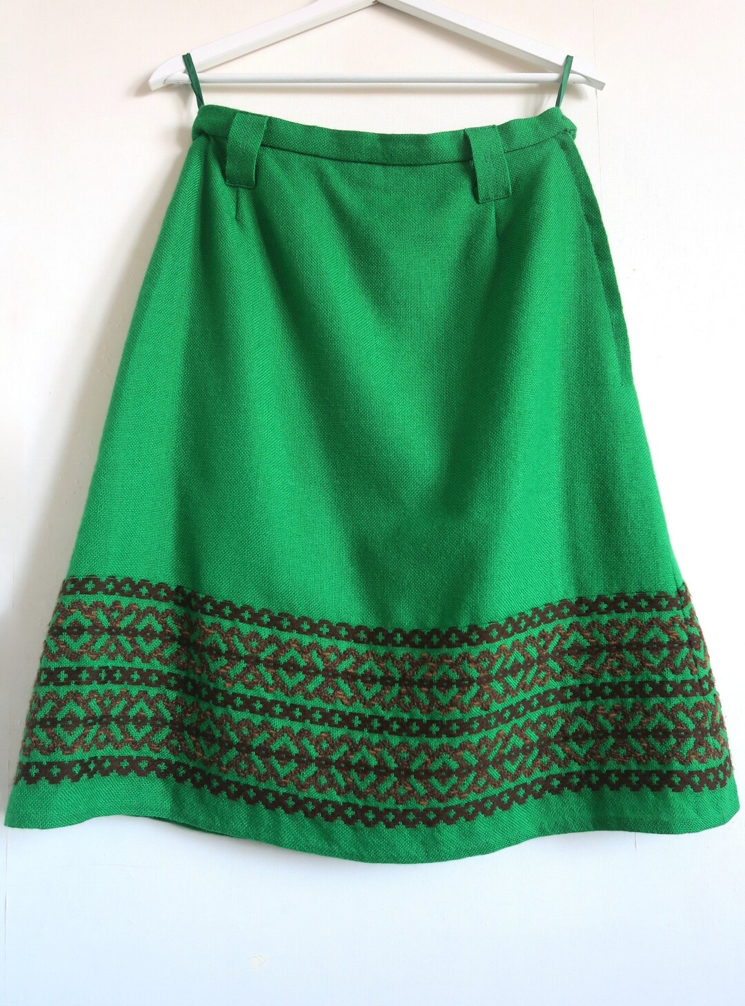 AROLA Finnish Folklore Skirt, Vibrant Green Pure New Wool, Brown Ethnic