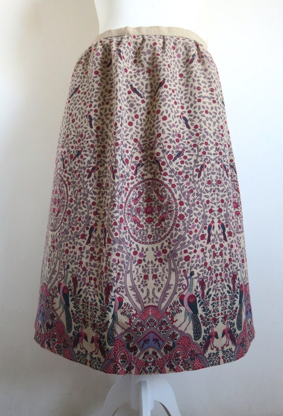 India Sari Print Pleated Skirt, High Waist Midi Sk