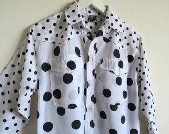 H & M YOUNG Polka Dot Shirt, Funky Spitzkragen Bluse, Schwarz WeißUtiliy Top mit Knöpfen, Western Ranch Wear, Juniors Größe Petite 146/152