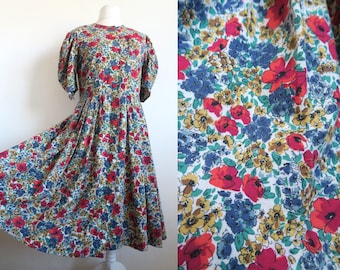 Watercolor Floral Prairie Summer Dress, Romantic Modest Cottagecore Dress, 80's do 50's Square Dance Dress, Red Poppies, Blue, Yellow M