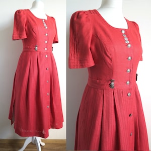 German Cottagecore Dress, Meico Landhaus Look Coral Red Trachten Dirndl Dress, Button-Up Midi Dress, Hot Summer Gown, Medium M