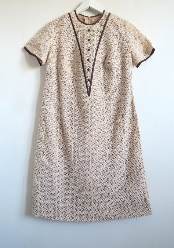 60's Cotton Crochet Lace Dress, Chevron Detail Hi… - image 8