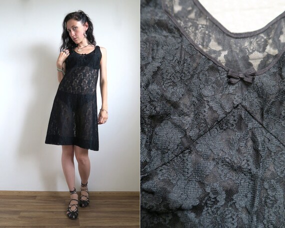 Black Mesh Lace Mini Dress, Vintage Full Slip, Flo