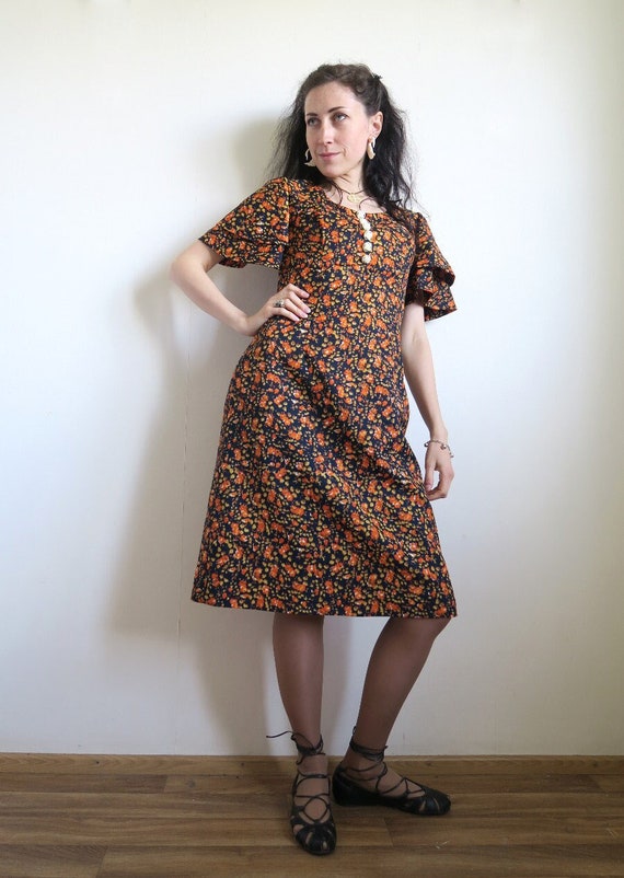 60's Short Floral Dress, Navy Blue & Orange Ditsy… - image 1