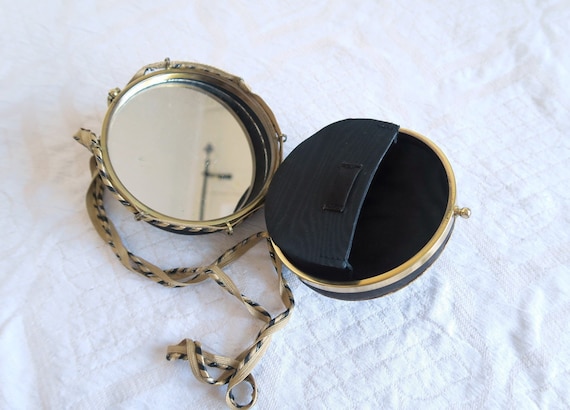 60's Round Mirror Bag, Brown Matte Velvet, Golden… - image 1