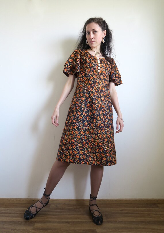 60's Short Floral Dress, Navy Blue & Orange Ditsy