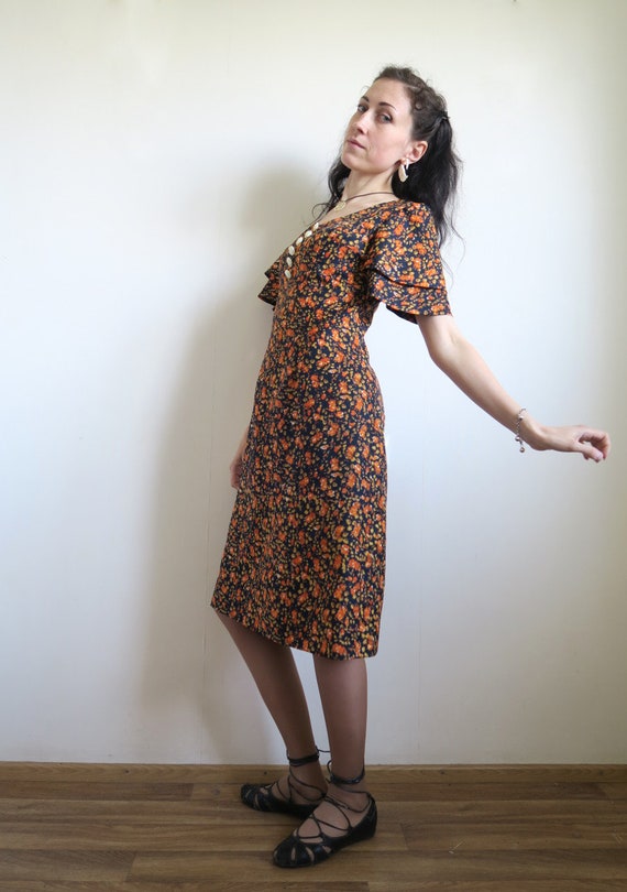 60's Short Floral Dress, Navy Blue & Orange Ditsy… - image 7