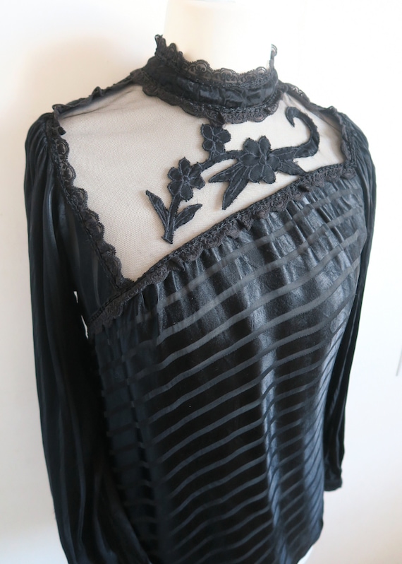 Italian Victorian Goth Blouse, Black Striped Satin