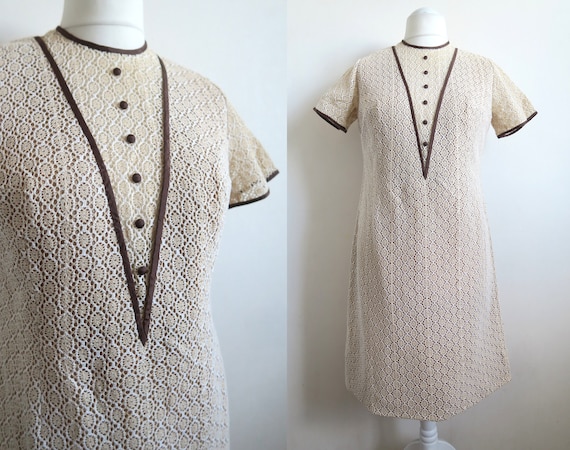 60's Cotton Crochet Lace Dress, Chevron Detail Hi… - image 1
