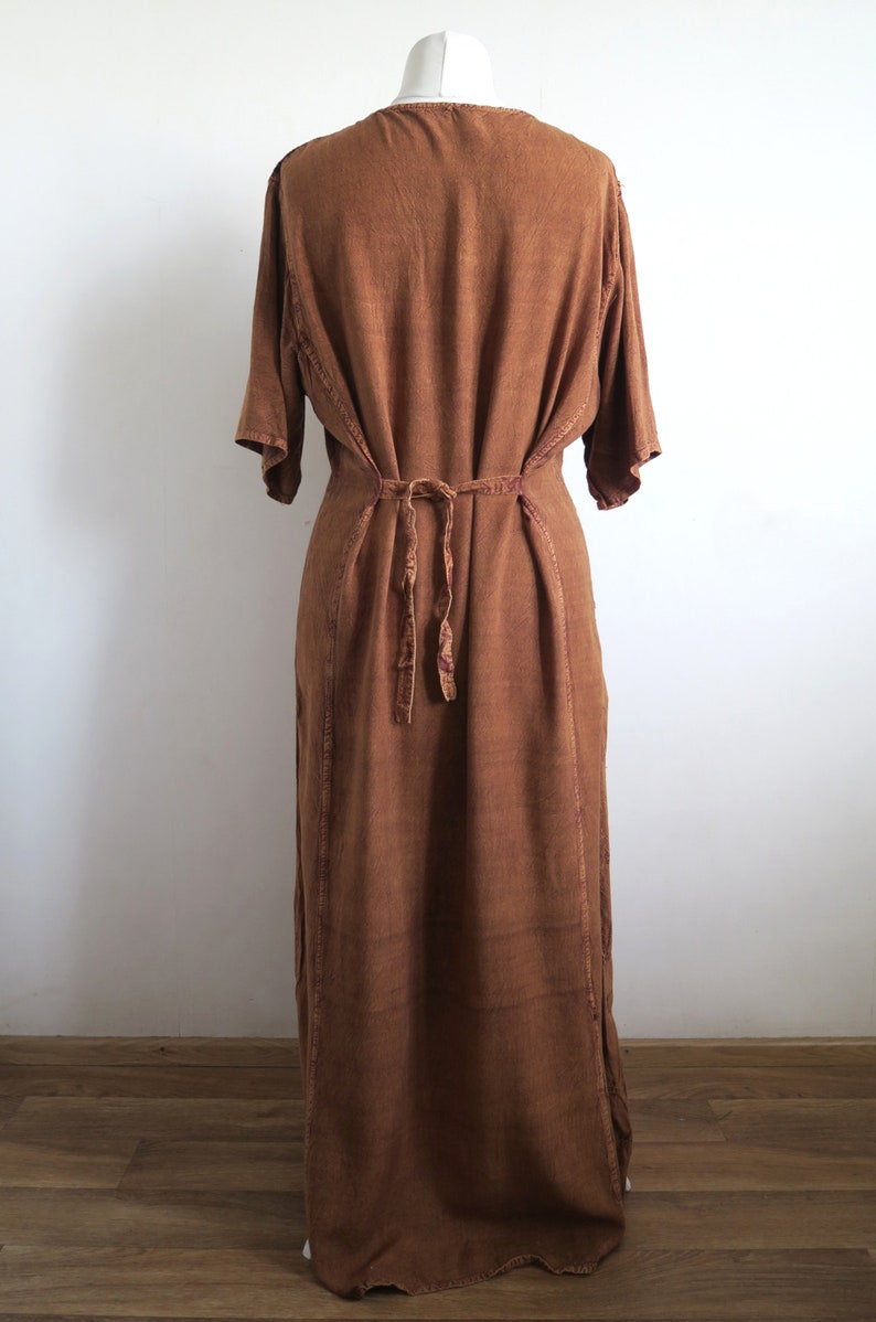 Brown Rayon Buttoned Dress MLXL Long Ethnic Gown Embroidered India Maxi Dress 90/'s Boho Dress Cord Embroidery Crushed Velvet Yoke