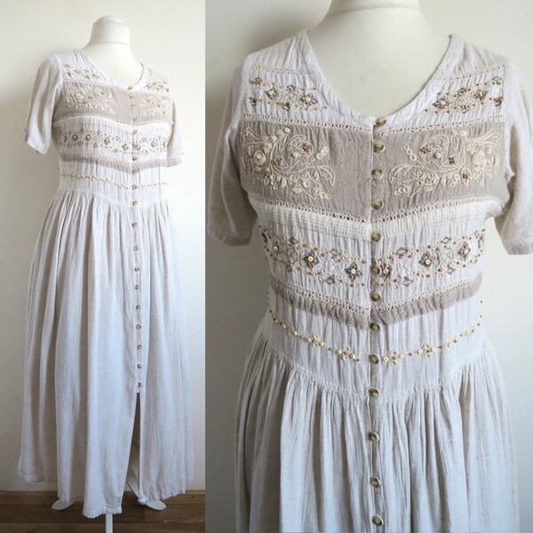 Robe longue beige brodée de perles, robe d'été grunge des années 90, mélange vaporeux de coton et de lin rayonne, robe wicca blanc cassé, robe longue décontractée M