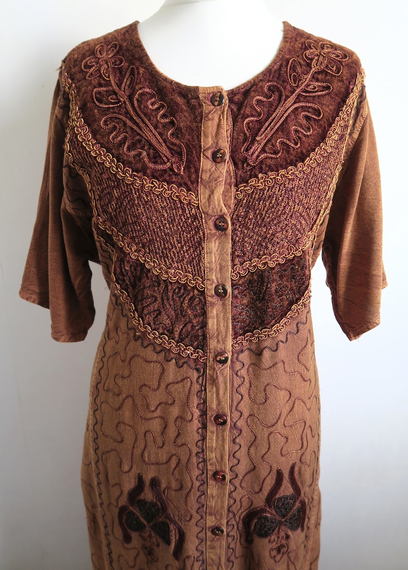 Brown Rayon Buttoned Dress MLXL Long Ethnic Gown Embroidered India Maxi Dress 90/'s Boho Dress Cord Embroidery Crushed Velvet Yoke