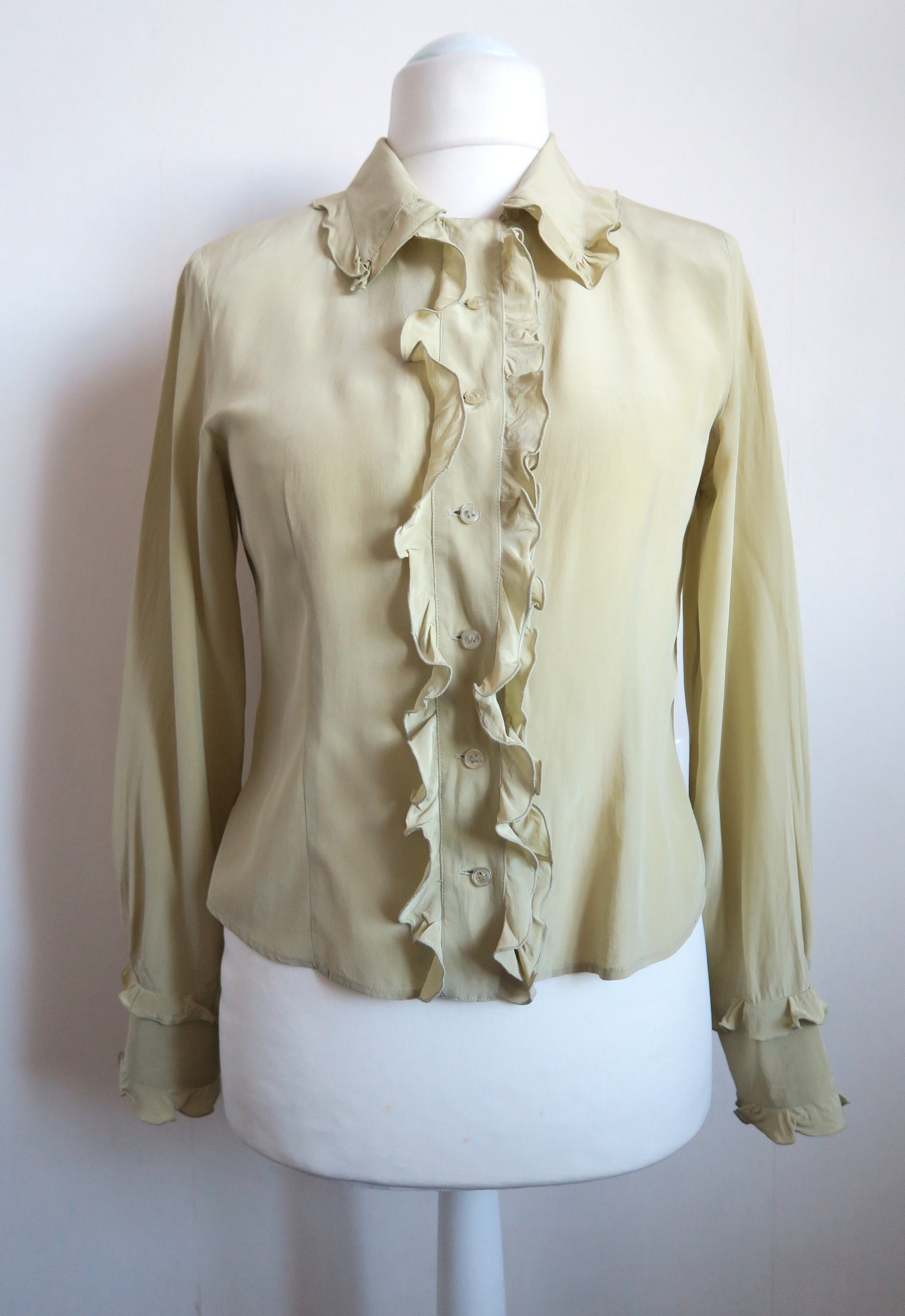 Pure Silk Ruffled Blouse, Olive Green Finnish Shirt, Järvi