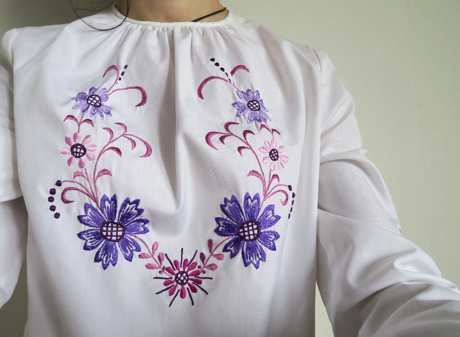 Hungarian Embroidered Folk Blouse, Purple & Lilac Flowers on White, Flounced Long Sleeves, High Neck Top, Smocked Shirt, Tunic, Small S/XS