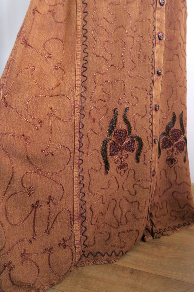 Brown Rayon Buttoned Dress MLXL Long Ethnic Gown Embroidered India Maxi Dress 90/'s Boho Dress Cord Embroidery Crushed Velvet Yoke