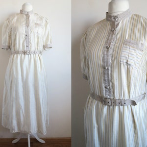 80&#39;s Striped High Neck Dress, Shiny Silky White Beige Yellow Day Dress, Modest Midi Shirtdress, Modernist Edwardian Mandarin Collar Gown M/L