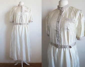 80's Striped High Neck Dress, Shiny Silky White Beige Yellow Day Dress, Modest Midi Shirtdress, Modernist Edwardian Mandarin Collar Gown M/L