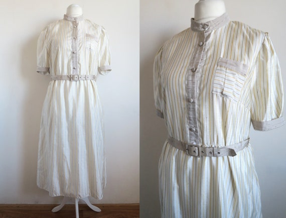 80's Striped High Neck Dress Shiny Silky White Beige - Etsy