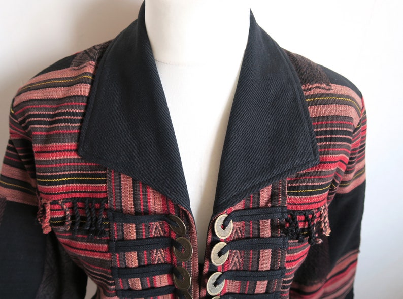 Bronze Coins Jacket Oriental Blazer Large L Ethnic Geometric Pattern Red /& Black Oversized Jacket Fringe Detail Woven Boho Coat