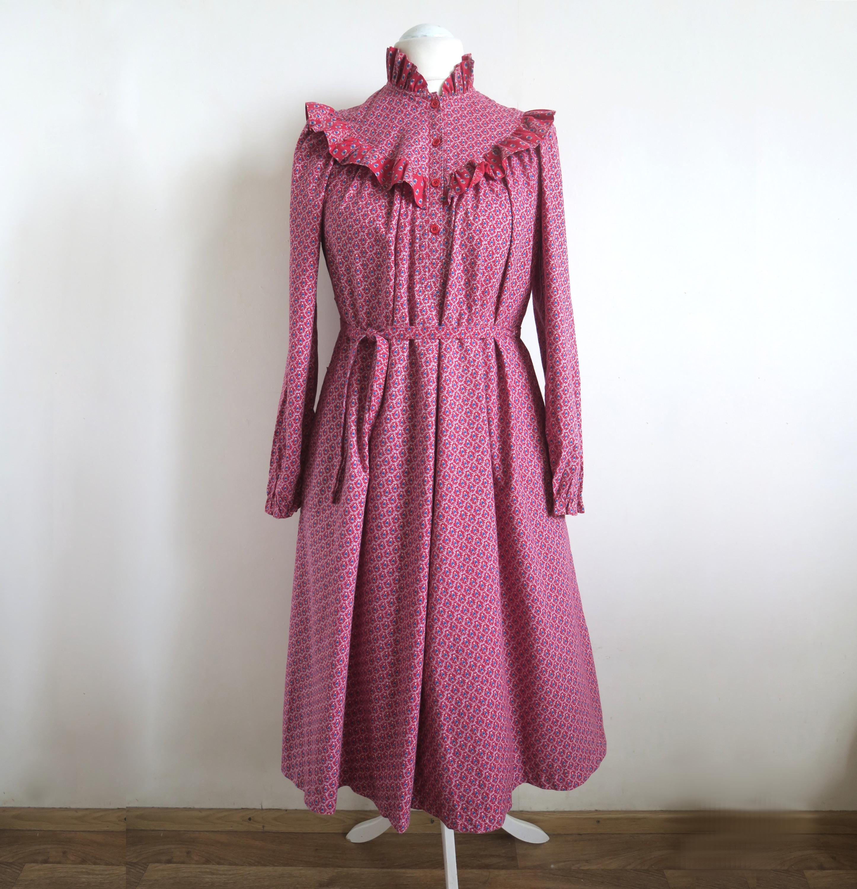 Floral Cotton Calico Dress, High Neck Yoke Dress, Muumuu Ruffle