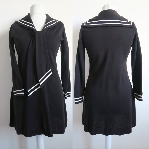 Swedish 60's Sailor Dress, Black Jersey Knit School Uniform Dress, Shawl Collar & Front Tie, Nautical Maritime Tunic, Motti Modeller Medium