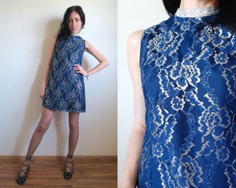 Mesh Lace Gogo Dress, Night Blue & Shiny Silver 60's Sleeveless Mini Dress, High Neck Dress, Short Go-Go Dress by HYLTER of Sweden, XS/XXS