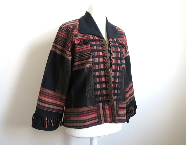 Bronze Coins Jacket Oriental Blazer Large L Ethnic Geometric Pattern Red /& Black Oversized Jacket Fringe Detail Woven Boho Coat