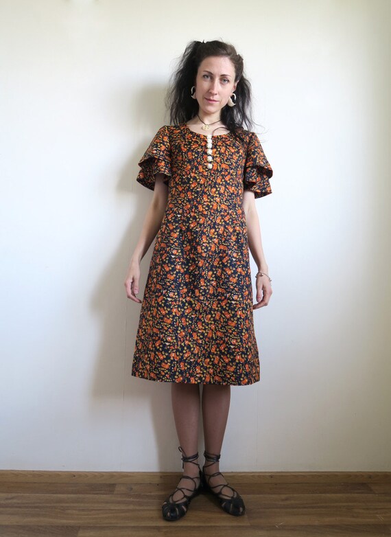 60's Short Floral Dress, Navy Blue & Orange Ditsy… - image 5