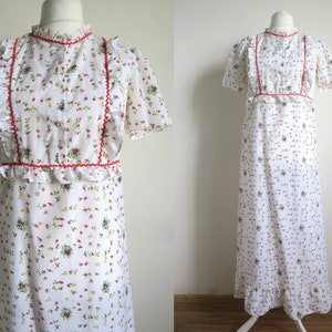 Ditzy High Neck Prairie Dress, Long Semi-Sheer Cotton Blend Dress, Ruffle Collar Frilled Yoke Maxidress, Modest Victorian Nightgown Large L
