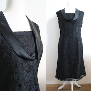 60's Black Lace Dress, Sleeveless Formal Gown, Floral Mesh Lace & Satin Cowl Collar, Shift Dress Midi Length, Plus Size Dress Large L