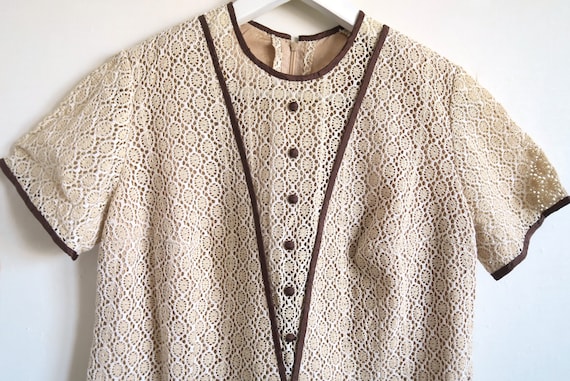 60's Cotton Crochet Lace Dress, Chevron Detail Hi… - image 2