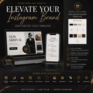 Może przedstawiać: Zestaw szablonów marketingu cyfrowego na Instagram z laptopem i smartfonem wyświetlającymi treści brandingowe. Czarno-złota grafika zawiera tekst, taki jak Elevate Your Instagram Brand, 500+ Premium Templates oraz listę kategorii, w tym General Posts, Infographics, Quotes, Carousel, Testimonials, Stories, Reels, Giveaways, Sales, Q&A i Highlights.