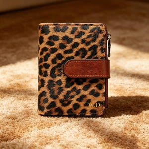May include: A bi-fold wallet featuring a brown and black leopard print pattern with a textured surface. The wallet has a solid brown strap closure and a silver-toned zip pull. The initials W.D are embossed in gold lettering on the bottom right.