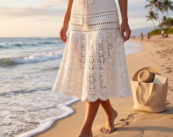Crochet Maxi Skirt Pattern for Women, Drawstring Crochet Maxi Skirt Pattern, Women's Long Crochet Skirt Pattern with Picot Border