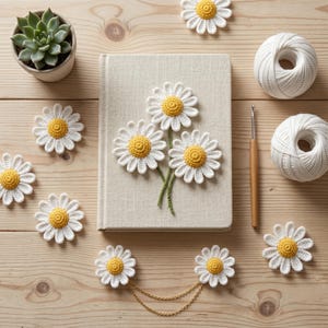 Può includere: Fiori di margherita all'uncinetto fatti a mano, con petali bianchi e centri gialli, disposti su una superficie di legno. Alcuni sono su un libro beige, altri sparsi. Sono presenti anche una piccola pianta succulenta, del filo e un uncinetto.
